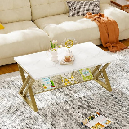 Wolawu Coffee Table Living Room Table with Storage Shelf, White Table Simple Modern Faux Marble Rectangular Tables with Sturdy Gold Metal Frame,Industrial Wooden Coffee Table for Bedroom Home Office