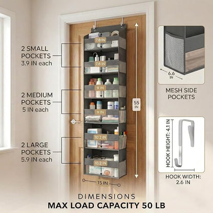HOMELUX THEORY UPGRADED 6 Tiers Over The Door Organizer Hanging - 100D EXTRA THICK & 50lbs HUGE CAPACITY, 12 Side Mesh Pockets Over The Door Shoe Organizer, Hanging Closet Organizer (Dark Gray, 2pc)