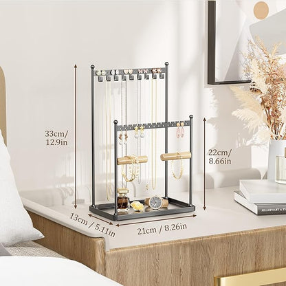 3 Tier Black Jewelry Stand, Necklace Organizer, Earring Holder with 44 Holes and 9 Hooks, for Necklaces, Bracelets, Rings