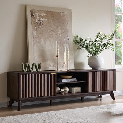 OKD 70" Mid Century Modern Fluted TV Stand, Entertainment Center, Sideboard, Media Console for Living Room with 2 Soft Close Door/Adjustable Shelves (Dark Walnut)
