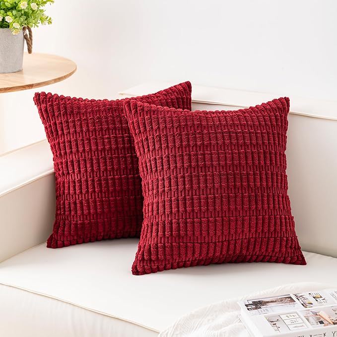 Aegero Pack of 2 Corduroy Decorative Throw Pillow Covers 20x20 InchSoft Striped Pillow Covers Modern Farmhouse Home Decor for Sofa Living Room Couch Bed（Wine Red）
