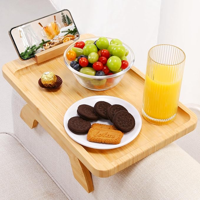 SINWANT Couch Arm Tray,Bamboo Sofa Clip on Side Table,Foldable Couch Armrest Table with 360°Rotating Phone Holder,Anti Slip Food Trays for Eating/Drinks/Snacks/Remotes 15.35" x 9.85"