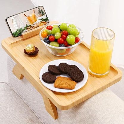 SINWANT Couch Arm Tray,Bamboo Sofa Clip on Side Table,Foldable Couch Armrest Table with 360°Rotating Phone Holder,Anti Slip Food Trays for Eating/Drinks/Snacks/Remotes 15.35" x 9.85"