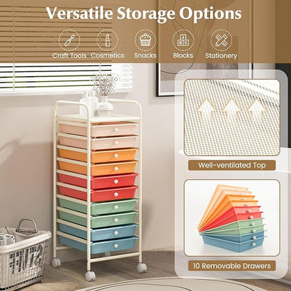 RELAX4LIFE Craft Organizers and Storage Cart - Rolling Cart with 10 Drawers, Lockable Casters for Tools, Trolley Cart with Wheels, Utility Cart for School, Home Office, Craft Cart (Macaron)