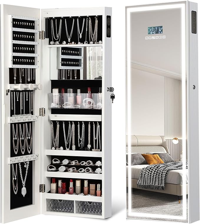 LED Mirror Jewelry Cabinet with Bluetooth Speaker, Wall/Door Mounted Jewelry Organizer Armoire, Full Length Lighted Mirror with Jewelry Storage,Jewelry Box Standing for Women