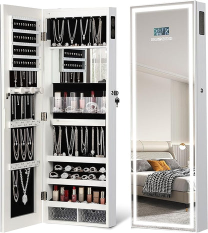 LED Mirror Jewelry Cabinet with Bluetooth Speaker, Wall/Door Mounted Jewelry Organizer Armoire, Full Length Lighted Mirror with Jewelry Storage,Jewelry Box Standing for Women