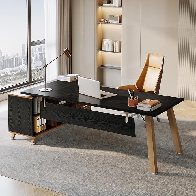 Tribesigns 78.7" L-Shaped Executive Desk, Modern Office Desk with File Drawers & Storage Shelves, Large Computer Desk with 55-Inch Cabinet, Business Workstation for Home Office, Black & Walnut