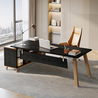 Tribesigns 78.7" L-Shaped Executive Desk, Modern Office Desk with File Drawers & Storage Shelves, Large Computer Desk with 55-Inch Cabinet, Business Workstation for Home Office, Black & Walnut