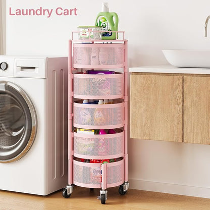 SNTD Fruit and Vegetable Basket Bowls for Kitchen with Metal Top Lid, 5 Tier Rotating Storage Rack Cart for Potato Onion Bread Banana, Wire Basket Organizer on Wheels, Large, Pink