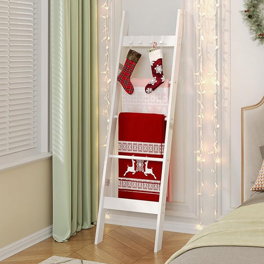 Hzuaneri Blanket Ladder Shelf for Living Room, Decorative Quilt Rack with 4 Removable Hooks, 5-Tier Farmhouse Ladder Holder Organizer for Bedroom, Rustic White BR02114W