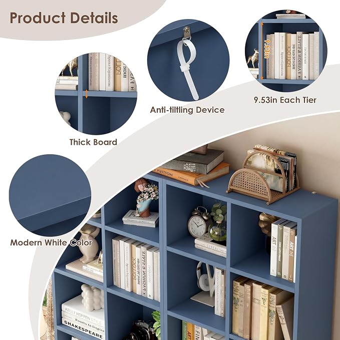 FOTOSOK 71'' Tall Bookshelf with 14 Cubes, 7 Tier Double Wide Bookshelf with 6 Adjustable Shelves, 19.6" Narrow Bookcase DVD/CD Media Storage Shelf, Space Saving Display Shelf Cabinet, Blue