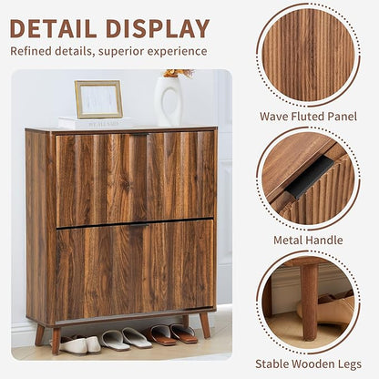 31.5” Fluted Shoe Cabinet Storage with 2 Flip Drawers,Narrow Freestanding Shoe Storage Organizer,Slim Shoe Rack Cabinet for Entryway,Hallway (Walnut)
