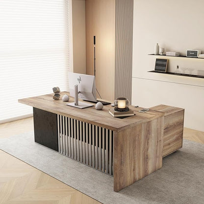 SAINTCY 70.87 L Shaped Executive Desk with Drawers, Modern Computer Writing Desk with File Cabinet, Business Furniture W/Stand Under Storage Organizer with Wheels,1.97IN Thick Desktop