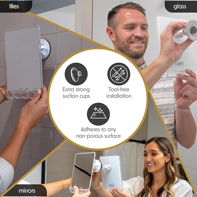 Luxo Shower Mirror, Shower Mirror fogless for Shaving with a Removable Razor Holder - Shaving Mirror for Shower with a Powerful Suction Cup - Shatterproof fogless Mirror for Shower (White/Clear)