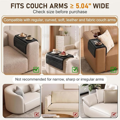 Black Acacia Wood Couch Armrest Table, Couch Arm Tray, Foldable Anti-Slip Bamboo Couch Tray, Sofa Cup Holder for Drink Snacks Remote Control