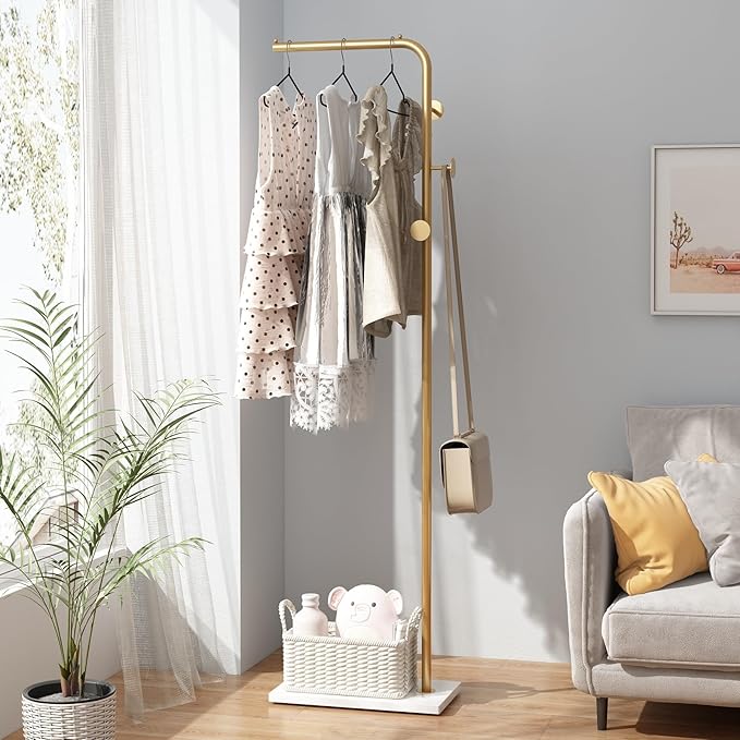 TIEOU Gold Coat Racks, Metal Coat Racks Freestanding with Crossbar and 3 Hooks, Modern Coat Hanger with Marble Base, L Shaped Coat Stand for Entryway, Bedroom, Living Room, Office