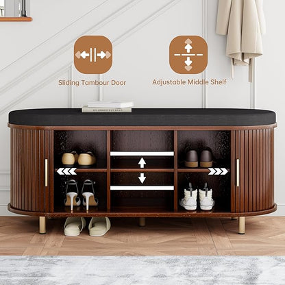 DHH 2-Tier Storage Bench, 43.3" Wide Shoe Bench with Thickened Padded Seat Cushion, Mid Century Modern Fluted Sliding Door and Adjustable Shelf, for Entryway, Living Room, Bedroom(Walnut)
