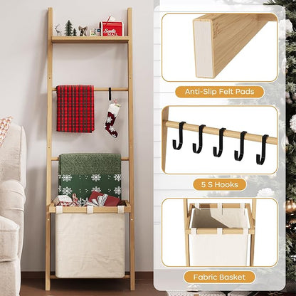 63" Bamboo Blanket Ladder with Shelf, Fabric Basket and 5 Hooks, 4 Tier Leaning Blanket Rack, Farmhouse Towel Ladder Rack, Decorative Quilt Rack Holder for Living Room Bedroom Bathroom, Natural Wood