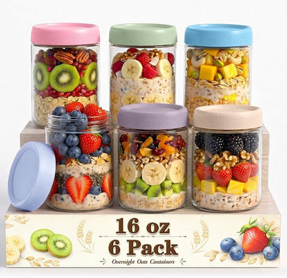 16 oz Mason Jars, Overnight Oats Containers with Lids for Yogurt, Glass Jar with Lid, Parfait Cups with Airtight Lids, Glass Jars for Overnight Oats, Storage, Food, Chia, Pudding, 6 Pack