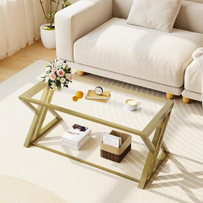 Wolawu Coffee Table Gold Glass Coffee Table for Living Room,Modern Rectangular Center Table with Sturdy Metal Frame,Tempered Glass Table Tea Tables for Bedroom Home Office
