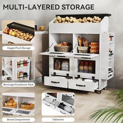 Verano Garden Large Potato and Onion Storage Bin on Wheels, Wood Bread Box w/Lid & Mesh Doors, 4-Tier Rolling Fruit and Vegetable Storage Organizer w/Grocery Section & Side Rack (White, 31.5")