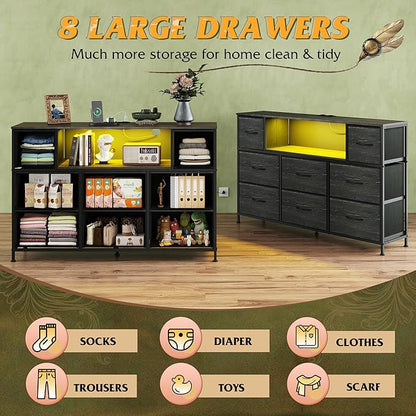 WLIVE Black Dresser TV Stand for 45, 50, 55 inch TV, Entertainment Center with LED Lights & Charging Station, Chest of Drawers with 8 Fabric Drawers and Open Shelves for Living Room, Hallway, Wood Top