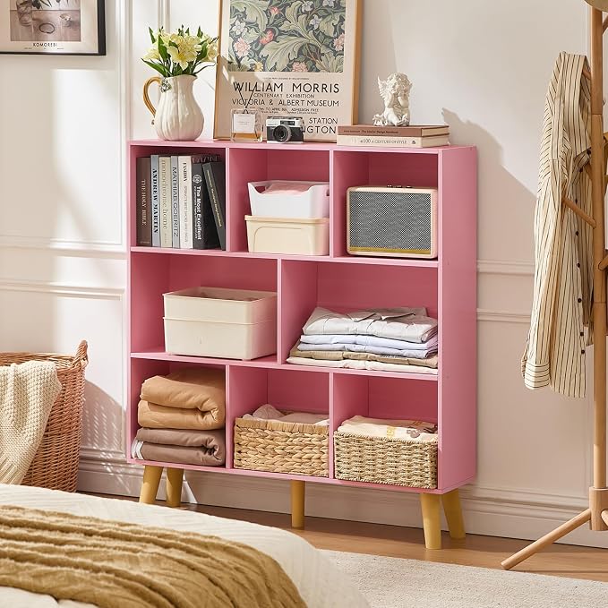 LEYAOYAO 8 Cube Bookshelf,3 Tier Bookcase with Legs,Light Pink Mid-Century Modern Bookshelves,Large Open Storage Organizer Shelf, Wooden Book Case