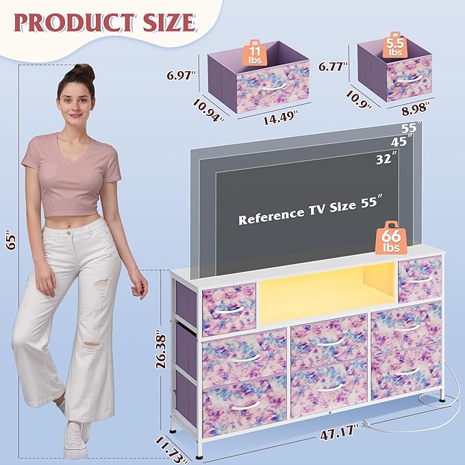WLIVE Dresser TV Stand for 45, 50, 55 inch TV, Entertainment Center with LED Lights & Charging Station, Chest of Drawers with 8 Fabric Drawers for Living Room, Tie-dye Print (Pink, Purple, Blue)