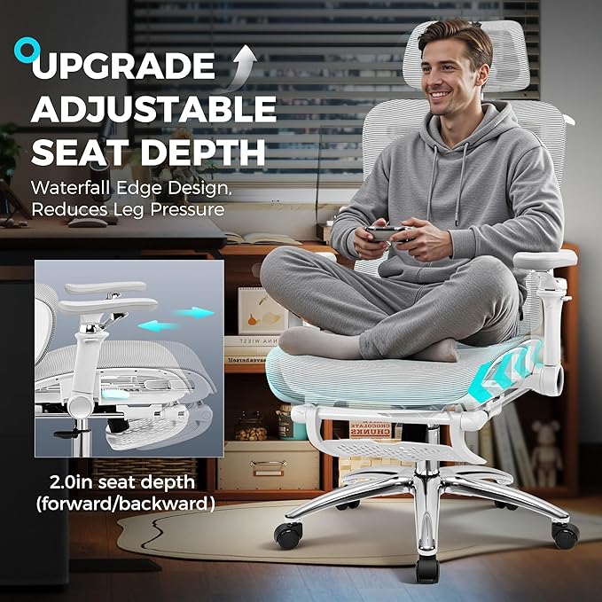 Ergonomic Office Chair with Footrest, Big and Tall Home Desk Chair, High Back Rolling Computer Chair with 5D Flip-Up Arms and Lumbar Support, Comfy Gaming Chair, Swivel Mesh Chairs, Gray