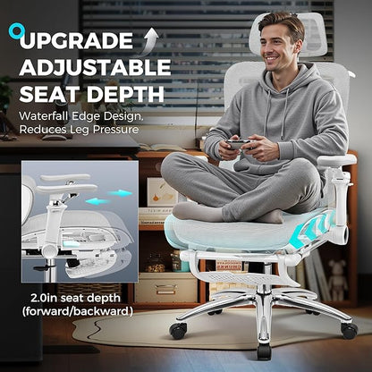 Ergonomic Office Chair with Footrest, Big and Tall Home Desk Chair, High Back Rolling Computer Chair with 5D Flip-Up Arms and Lumbar Support, Comfy Gaming Chair, Swivel Mesh Chairs, Gray