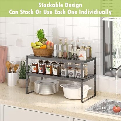 RUILALIFE Expandable Cabinet Organizer Shelf With Adjustable Height, Stackable Kitchen Countertop Organizer Rack, Adjustable Shelf Riser For Kitchen Counter, Pantry, Cupboard, Desk, Tabletop