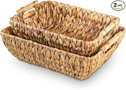 Mowtanco Woven Storage Baskets – Set of 2 Handwoven Water Hyacinth Wicker Baskets with Wooden Handles for Organizing, Decorative Baskets for Laundry Room, Home Decor - Large & Medium