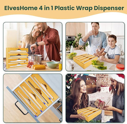 Bamboo 4 in 1 Saran Wrap Dispenser with Cutter & Labels - Foil & Plastic Wrap Organizer - Aluminum Foil Wax & Parchment Wrapping Paper Storage for Kitchen Drawer - 12" Roll