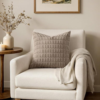 MIULEE Pack of 2 Corduroy Decorative Euro Sham Throw Pillow Covers 24x24 Inch Soft Boho Striped Pillow Covers Modern Farmhouse Home Decor for Sofa Living Room Couch Bed Light Brown