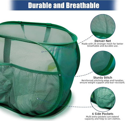 2 Pack Collapsible Laundry Baskets, Upgrade Pop Up Laundry Hamper with Convenient Bags, Foldable Laundry Basket Mesh Light Weight, Easy to Carry Clothes Hampers for Laundry, Dorm, Toys, Travel Green
