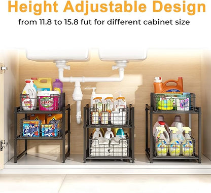 Under Sink Organizer, 2-Tier Pull Out Cabinet Organizer, Kitchen Bathroom Organizer and Storage, Spice Rack for Kitchen, Multi-use Sliding Drawers Shelves, Pack of 2