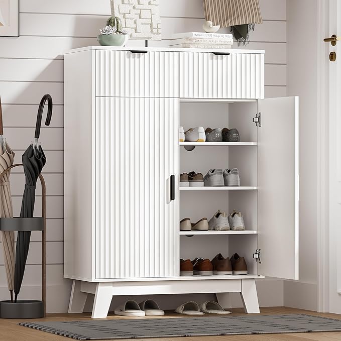 Shoe Cabinet Storage for Entryway with Doors, 4 Tier Fluted Shoe Organizer with 2 Drawers, Entryway Shoe Storage with Adjustable Shelves, Freestanding Hidden Shoe Rack for Front Door Entrance, White