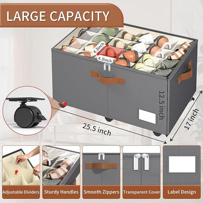 Foyego Shoe Organizer for Closet, Shoe Storage Organizer with Wheels and Adjustable Dividers, Stackable Shoe Storage Box with Clear Cover, Foldable Closet Shoe Organizer Fits up to 24-48 Pairs, Gray