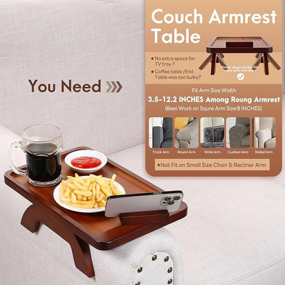 SINWANT Couch Arm Tray with 360° Rotating Phone Holder,Bamboo 15.35"x9.85" Folding Wide Sofa Arm Tray,Anti Slip Clip on Side Table Couch Armrest for Snacks,Drinks,Remotes
