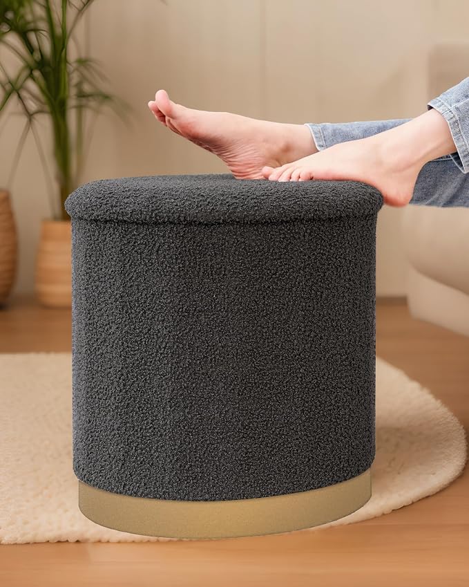 B FSOBEIIALEO Ottoman with Stroage, Round Boucle Storage Ottoman with Gold Plating Base,Foot Rest Stool for Dorm Room, Living Room Dark Grey, 16.73"x16.73"x17.72"