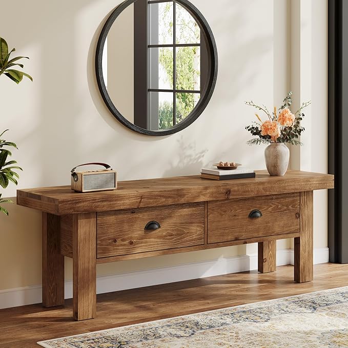 55" Solid Wood Entryway Bench with 2 Drawers, Farmhouse Long Bench End of Bed Stool with Open Storage Shelves for Hallway, Mudroom, Bedroom, Dark Brown
