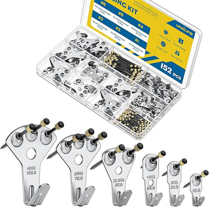 Uniclife 152 Pcs Picture Hanging Kit, 10 lb, 20 lb, 30 lb, 50 lb, 75 lb, 100 lb Heavy Duty Picture Hangers for Drywall & Wood, Picture Hanging Hooks, Frame Hooks, Silver
