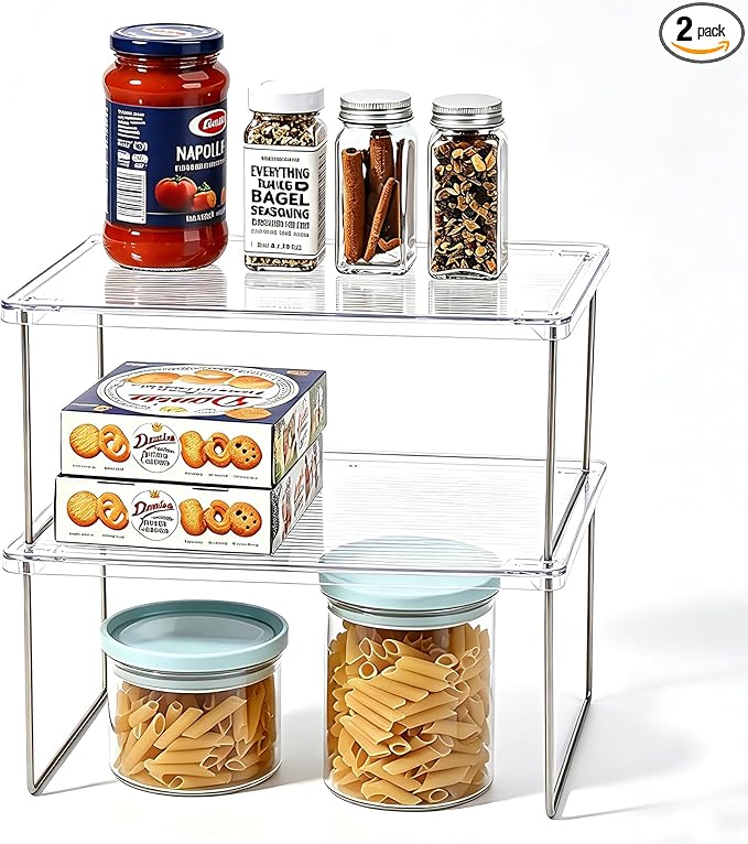 IVYHOME Pantry Organizer, Cabinet Storage Shelf Rack, Stackable Kitchen Cabinet, Foldable Countertop Shelf Organizer, 2 Pack