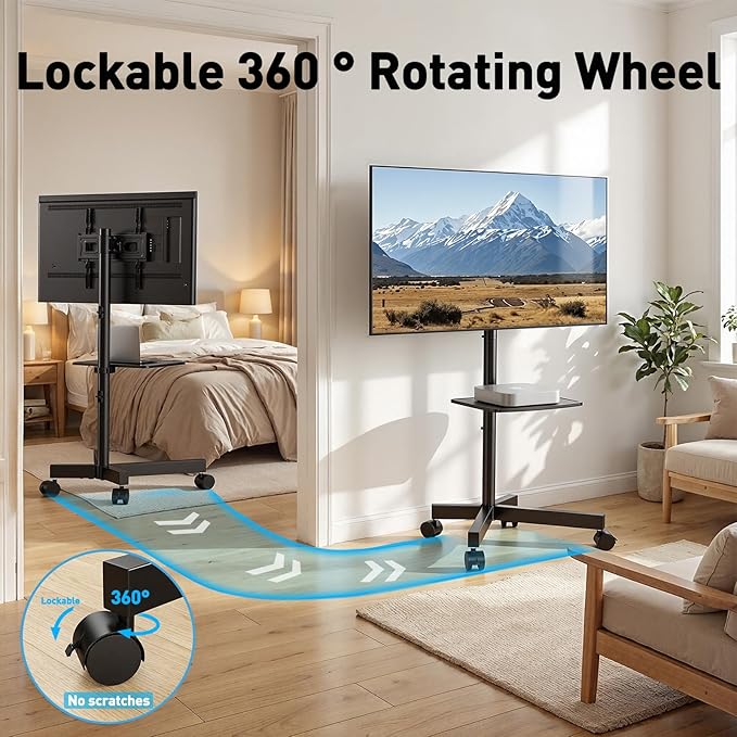PERLESMITH Rolling TV Stand for 23-63 Inch Flat/Curved Screen TVs up to 88 lbs, Mobile TV Stand on Wheels, Portable TV Stand with Tilt & Height Adjustable,Outdoor TV Stand Max VESA 400x400mm PSTVMC10