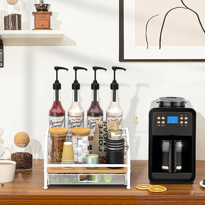 Alyoen Coffee Syrup Organizer Rack, 3-Tier Coffee Station Organizer for Countertop, Coffee Bar Organizer with 35K Cup Storage Basket, Coffee Syrup Holder Stand for Coffee Bar Accessory - White