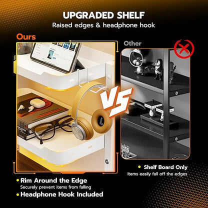 ARES WING 2-Tier Clamp On Desk Shelf, 16 inch Adjustable Above or Under Desk Storage Shelves Holds 44 lbs, Heavy Duty Desktop Organizer with Headphone Holder for Working and Gaming Accessories, White