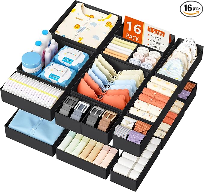 DIMJ Drawer Organizer Clothes - 16 Pack Baby Dresser Organizer for Nursery, Foldable Drawer Organizer Bins for Closet Bedroom Organization, Fabric Clothes Storage Dividers for Underwears, Socks, Bras