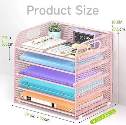 5 Tier Paper Organizer with Handle, Pink Metal Mesh Desk Organizer File Folder Paper Letter Tray Desktop Document Sorter for Classroom, School, Office Accessories Organization and Storage
