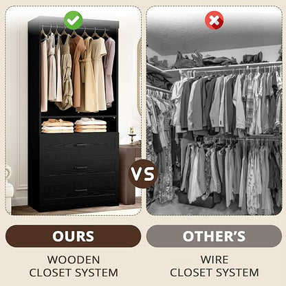 IRONCK Freestanding Closet System with 3 Wood Drawers, 31.5" Black | Modern armoire wardrobe with adjustable shelves & hanging rod, walk-in closet organizer for small spaces, space-saving design