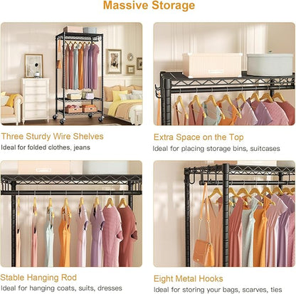 FUTASSI P6 Medium Rolling Clothes Rack Heavy Duty, Clothing Racks for Hanging Clothes, Freestanding Garment Rack with Wheels, Portable Closet Rack Max Load 370 LBS, 30''W x 14''D x 77.6''H, Black